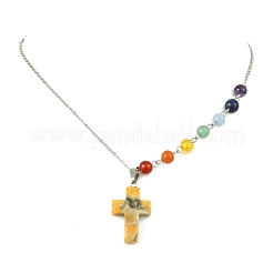 Chakra Natural Mixed Gemstone Religion Cross Pendant 304 Stainless Steel Cable Chain Necklaces for Women&nbsp;NJEW-JN06268