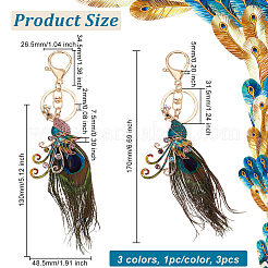 3Pcs 3 Colors Peacock Enamel Style Alloy Rhinestone Pendant Keychains&nbsp;KEYC-OC0001-38