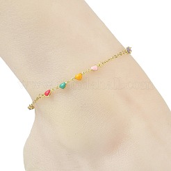 Brass Enamel Heart Link Chains Anklets&nbsp;AJEW-AN00849