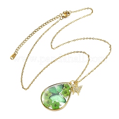 Transparent Epoxy Resin Teardrop & Brass Micro Pave Clear Cubic Zirconia Butterfly Pendant 304 Stainless Steel Cable Chain Necklaces for Women&nbsp;NJEW-JN06288