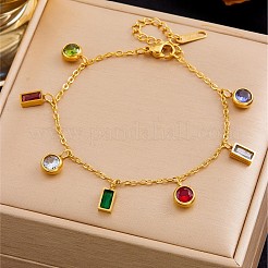 304 Stainless Steel Pave Colorful Cubic Zirconia Rectangle Flat Round Charm Bracelets for Women&nbsp;WG5257D-01