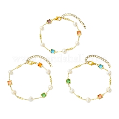 Brass & Glass & Natural Cultured Freshwater Pearl Link Bracelets for Women&nbsp;BJEW-JB14104