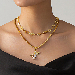 Vintage 201 Stainless Steel & Brass Snake Chain Double-layered Clear Cubic Zirconia Bird Pendant Necklaces&nbsp;IF6891