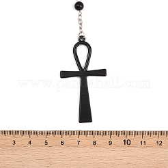 Alloy and Iron Ankh Cross Heart with Bat Wings Pendant Black Round Acrylic Rosary Bead Necklaces&nbsp;NJEW-D335-01BP