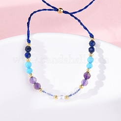 Faceted Round Natural Lapis Lazuli & Turquoise & Amethyst & Quartz Crystal Braided Bead Bracelets&nbsp;BJEW-F493-09G-04