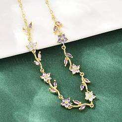 Brass Pave Cubic Zirconia Flower Link Chain Necklaces&nbsp;KK-CBA4547-18G-04