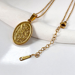 304 Stainless Steel Oval with Embossed Archangel Saint Michael Pendant Necklaces for Men Women&nbsp;FS-WGF7792-01