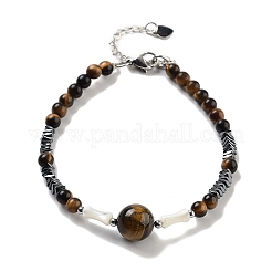 Natural Tiger Eye Round & Synthetic Non-magnetic Hematite & White Shell Beaded Bracelets for Women&nbsp;BJEW-K251-02G