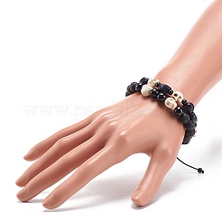 2Pcs 2 Style Natural Lava Rock & Mixed Gemstone Skull Braided Bead Bracelets Set&nbsp;BJEW-JB08381