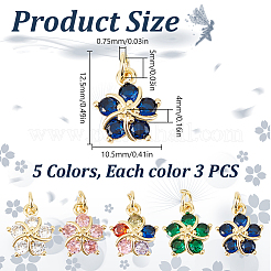 15Pcs 5 Colors Brass Clear Cubic Zirconia Pendants&nbsp;ZIRC-DR0001-06