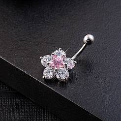 Piercing Jewelry Real Platinum Plated Brass Star Flower Rhinestone Navel Ring Belly Rings&nbsp;AJEW-EE0001-21B