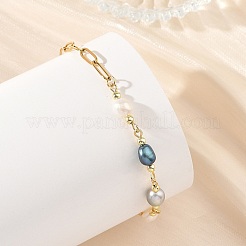 Natural Pearl Two Sides Polished Beaded Chain Bracelets with 304 Stainless Steel Paperclip Chains&nbsp;BJEW-JB14234-03