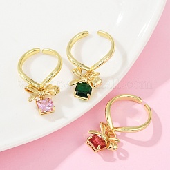 Brass Micro Pave Cubic Zirconia Adjustable Open Cuff Rings for Women&nbsp;RJEW-U057-05G