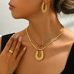 Stainless Steel Horseshoe Hoop Earrings & Double-layer Necklaces & Cuff Ring Sets for Women&nbsp;CJ2846