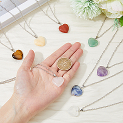 8Pcs 8 Styles Natural Mixed Gemstone Heart Pendant Necklace with Alloy Chains&nbsp;NJEW-FI0001-45