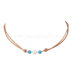 Synthetic Turquoise & Natural Pearl Round Beaded 2-Strand Cowhide Leather Cord Necklaces for Women&nbsp;NJEW-JN05828