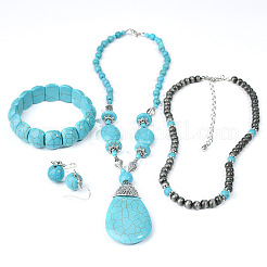 Teardrop Synthetic Turquoise Pendant Necklaces & Dangle Earrings & Stretch Bracelets Sets&nbsp;FS-WGCD8C0-01