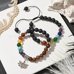 2Pcs 2 Styles Chakra 8mm Gemstone Round Beaded Braided & Stretch Bracelet Sets&nbsp;BJEW-JB10906