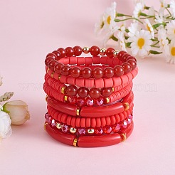 8Pcs 8 Style Natural Red Agate & Glass & Polymer Clay Heishi Surfer Stretch Bracelets Set&nbsp;BJEW-SW00083