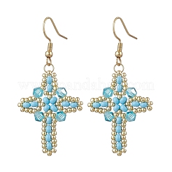 304 Stainless Steel Glass Seeds Cross Dangle Earrings&nbsp;EJEW-MZ00506-06