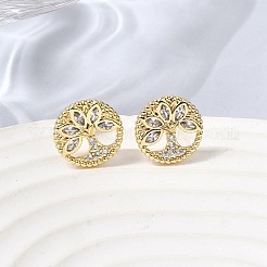 Ring with Tree of Life Pattern Brass Micro Pave Clear Cubic Zirconia Stud Earrings&nbsp;EJEW-G460-02G