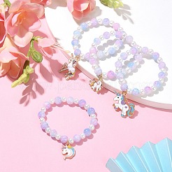 Glass Beaded Stretch Bracelet with Alloy Enamel Unicorn Charm for Kids&nbsp;BJEW-JB09555