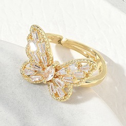 Adjustable Brass Butterfly Finger Rings with Clear Cubic Zirconia&nbsp;CU-CBA7E55-18G-01