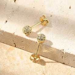 Round Brass Micro Pave Clear Cubic Zirconia Stud Earrings&nbsp;EJEW-D311-107G