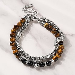 304 Stainless Steel Wheat Chain & Round Natural Tiger Eye and Natural Obsidian Beaded Double Strand Bracelets&nbsp;BJEW-C119-02