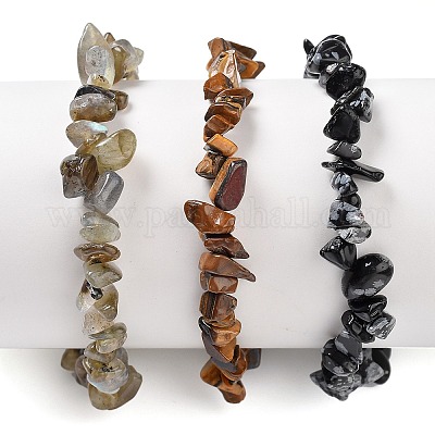 Chips Natural Labradorite & Snowflake Obsidian & Tiger Eye Beaded Stretch Bracelets Sets&nbsp;BJEW-JB05332-05-1