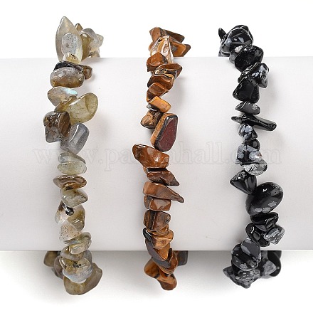 Chips Natural Labradorite & Snowflake Obsidian & Tiger Eye Beaded Stretch Bracelets Sets BJEW-JB05332-05-1
