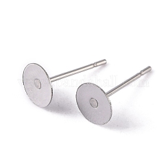 Tarnish Resistant 304 Stainless Steel Flat Round Blank Peg Stud Earring Findings, Earring Cabochon Setting Post Cup, Stainless Steel Color, 12x6mm, Pin: 0.7mm