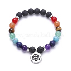 Alloy Lotus Flower Charm Chakra Round Gemstone Beaded Stretch Bracelets, Platinum, Colorful, 7.28 inch(18.5cm)