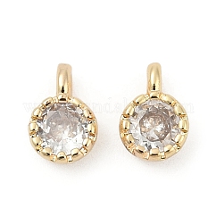 Brass Pave Cubic Zirconia Pendants, Single Stone Charms, Flat Round, Rack Plating, Long-Lasting Plated, Light Gold, Clear, 6.5~7x4.5~5x3mm, Hole: 1mm