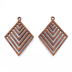Natural Walnut Wood Pendants, Undyed, Hollow Rhombus Charm, Camel, 34x25x2.5mm, Hole: 1.6mm