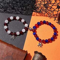 2Pcs 10mm Round Natural White Jade & Red Glass & Blue Cat Eye Beaded Stretch Bracelet Sets for Lover&nbsp;BJEW-JB10325-05