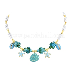 Ocean Brass Enamel Starfish Shell Shape Pendant Round ABS Imitation Pearl Beaded Necklaces&nbsp;KK-CBA4547-04B-G
