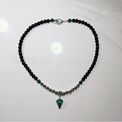 European 8mm Black Glass Beaded Synthetic Malachite Pyramid Pendant Necklaces with Alloy OT Clasps for Men&nbsp;WW6368-1