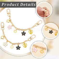 2Pcs 2 Colors Acrylic Heart & Alloy Enamel Pink and White Flower Pendant Alloy Cable Chain Bag Decorative Chains&nbsp;HJEW-BBC0001-35