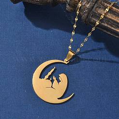 201 Stainless Steel Moon with Woman Pendant Necklaces for Ramadan & Eid Mubarak&nbsp;NJEW-D318-02G