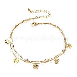 304 Stainless Steel Pave Clear Cubic Zirconia Charm 2-Strand Anklets for Women&nbsp;AJEW-K054-01B-G