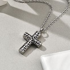 304 Stainless Steel Flower Textured Cross Urn Ashes Necklaces&nbsp;STAS-Z106-03AS
