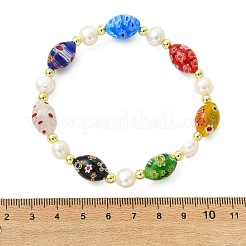 Handmade Millefiori Glass & Natural Cultured Freshwater Pearl Beads Stretch Bracelets for Women&nbsp;BJEW-JB13848