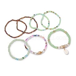 Bohemian Resin & Alloy & Glass Beads & Shell & Plastic Pearls Beaded Stretch Bracelets&nbsp;BJEW-Z169-01D