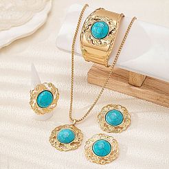 Round Alloy & Synthetic Turquoise Pendant Necklace & Stud Earring & Cuff Bangle & Rings Sets&nbsp;FS-WG9CCFC-01