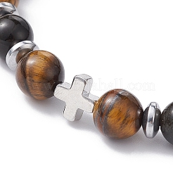 Natural Tiger Eye & Obsidian Round & Brass Cross Braided Bead Bracelets&nbsp;BJEW-JB09704-01