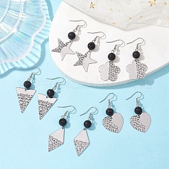 304 Stainless Steel Geometry Dangle Earrings with Natural Lava Rock Round Beaded&nbsp;EJEW-JE05610