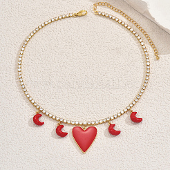Elegant Brass Pave Clear Cubic Zirconia Tennis Chain Heart Moon Pendant Bib Necklaces for Women&nbsp;GA9034