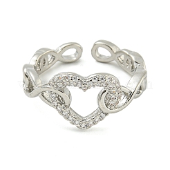 Heart Brass Micro Pave Clear Cubic Zirconia Hollow Open Cuff Rings for Women&nbsp;RJEW-M016-04P