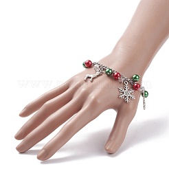 Christmas Gift Box & Tree & Snowflake & Reindeer Alloy Charm Bracelet with Glass Pearl&nbsp;BJEW-TA00097